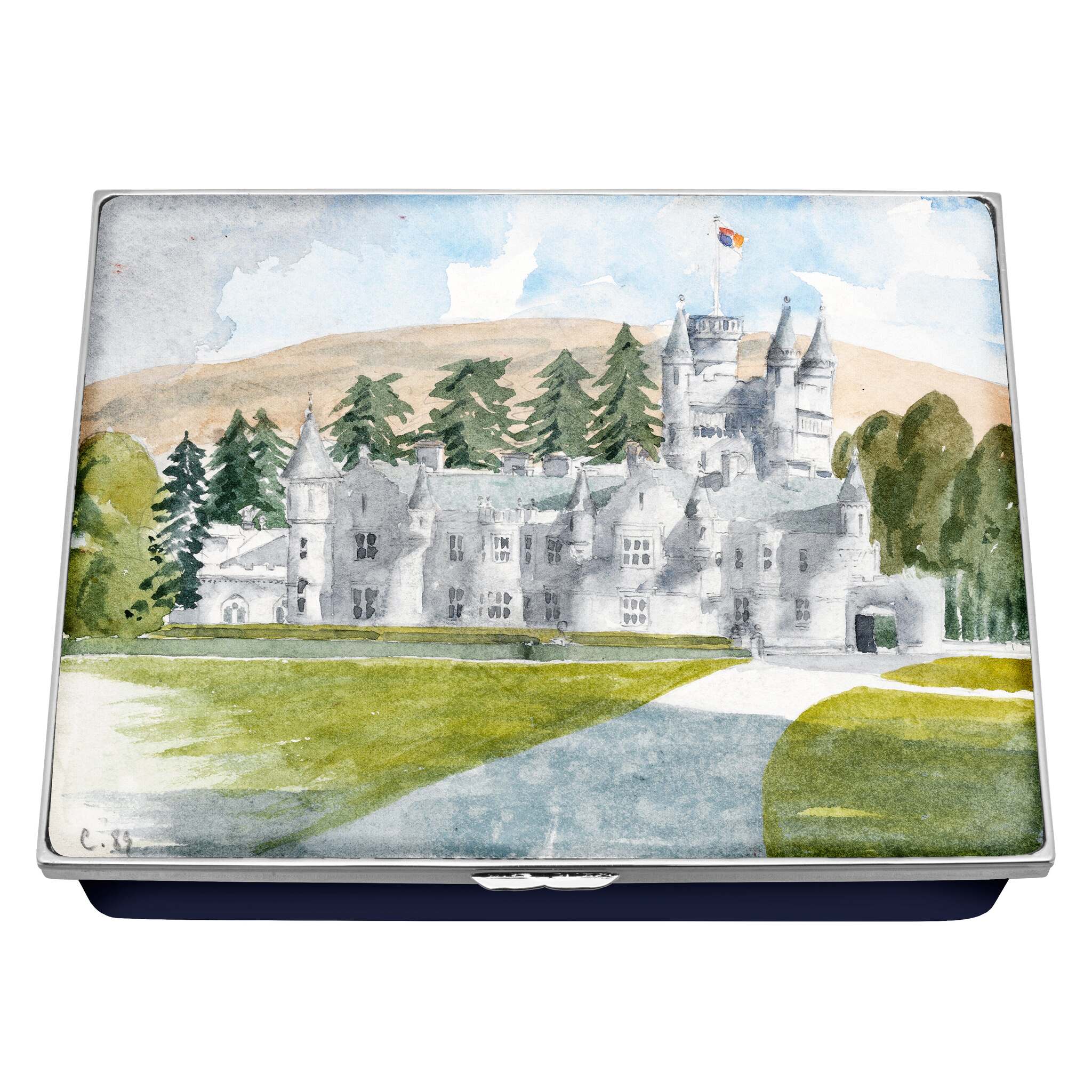 Halcyon Days HM King's Watercolour - Balmoral Castle Leather-lined Enamel Box