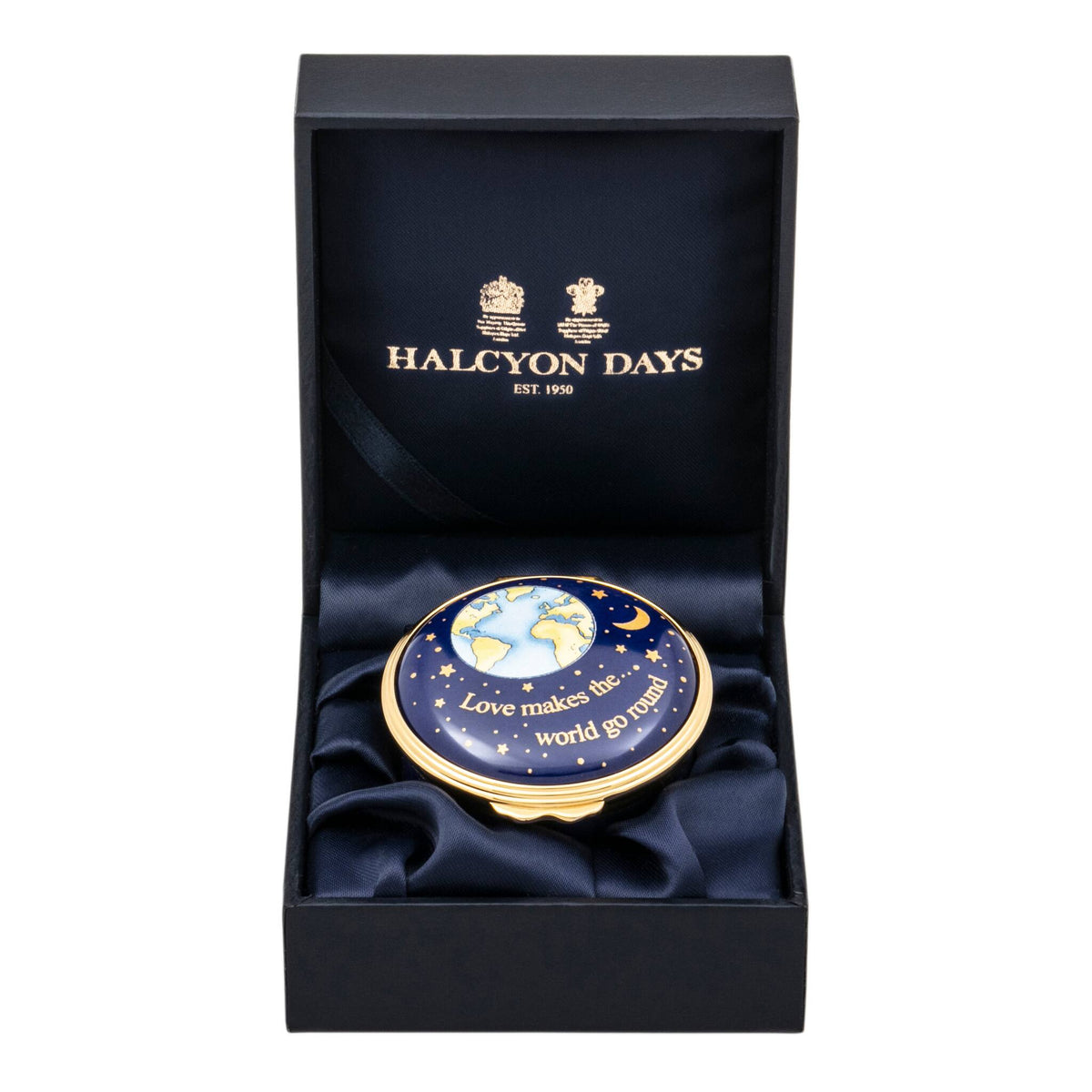 Halcyon Days "Love Makes the World Go Round" Enamel Box - Personalised, alternate view