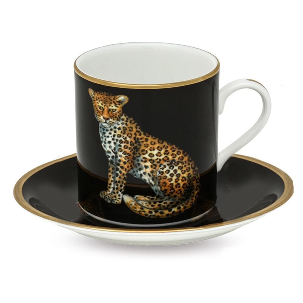 Halcyon Days Magnificent Wildlife Leopard - Coffee Cup & Saucer in Black Cup & Saucer Set