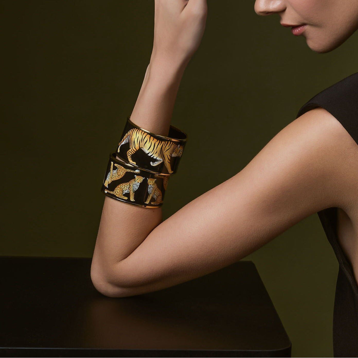 Halcyon Days Magnificent Wildlife Tiger - Enamel Cuff Bangle in Black, alternate view