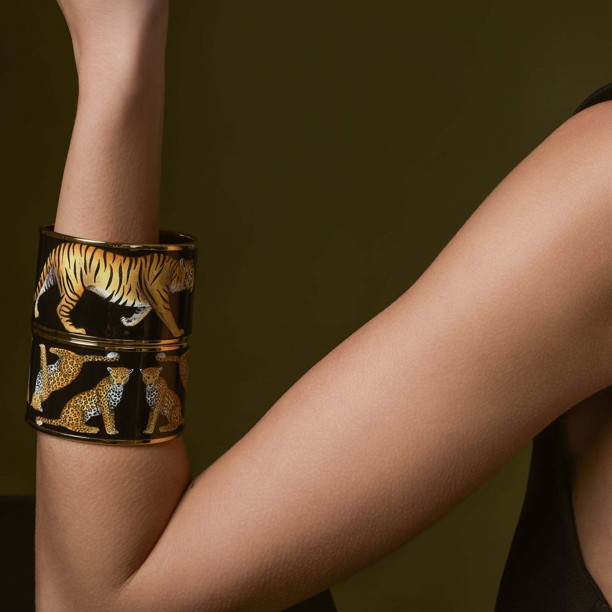 Halcyon Days Magnificent Wildlife Tiger - Enamel Cuff Bangle in Black, alternate view