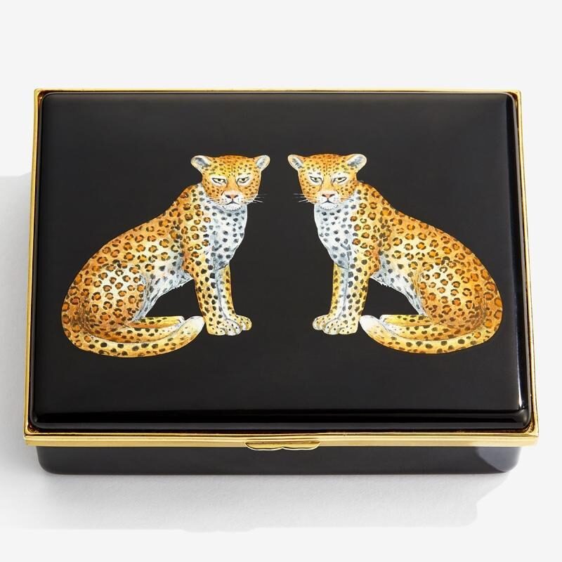 Halcyon Days Magnificent Wildlife Twin Leopard - Prestige Enamel Box in Black