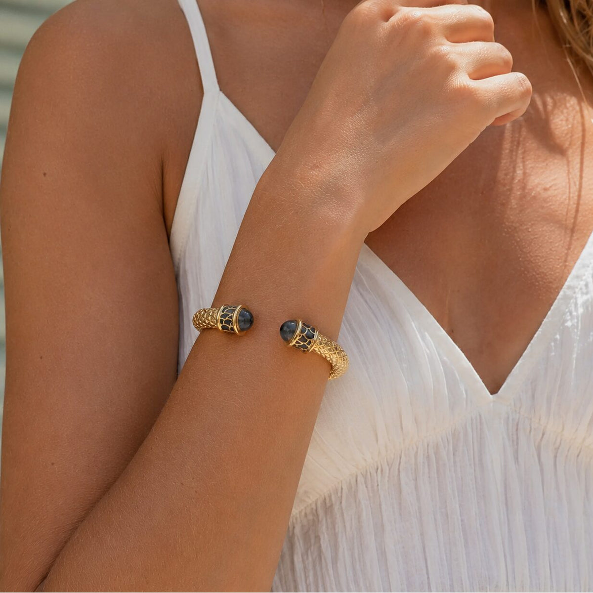 Halcyon Days Minoan Hinged Bangle in Black & Gold Women's Fine Bangle Bracelet, alternate view