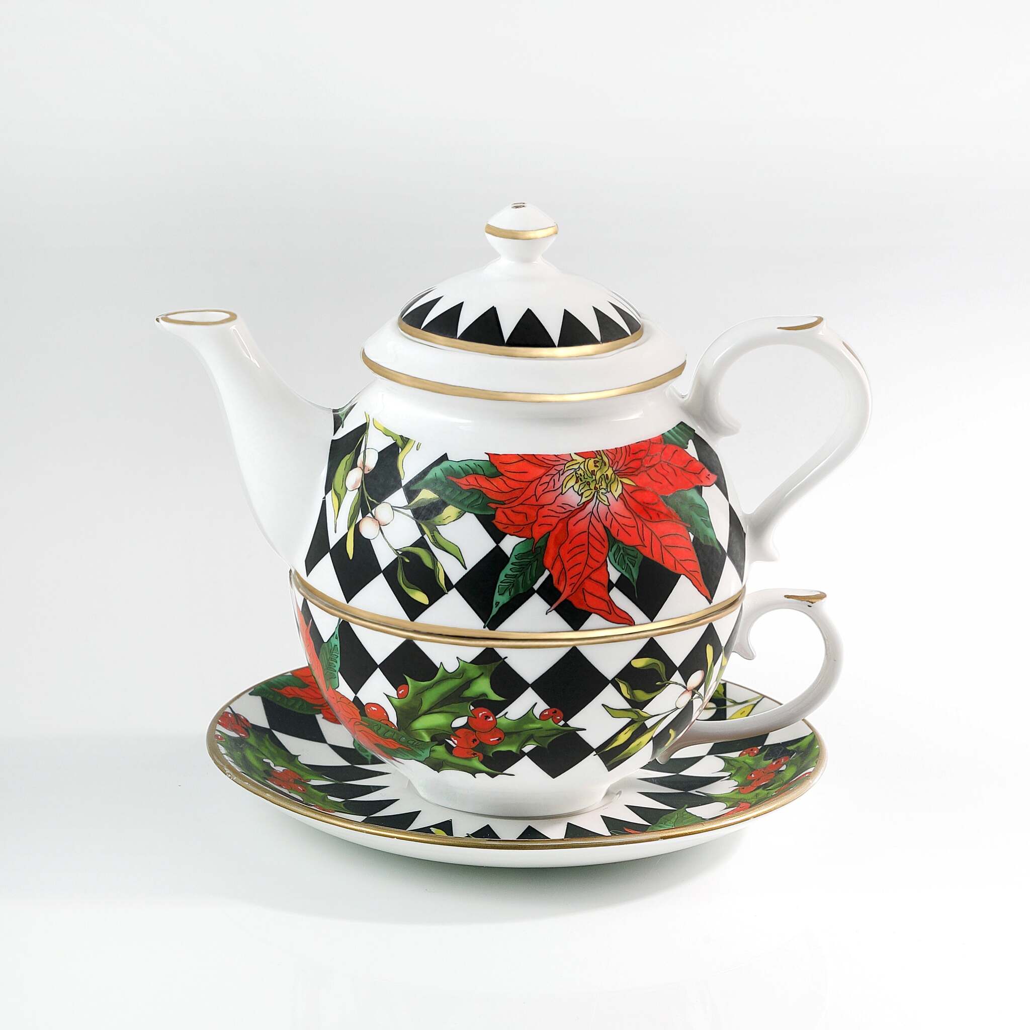 Halcyon Days Parterre Black with Poinsettia Tea For One