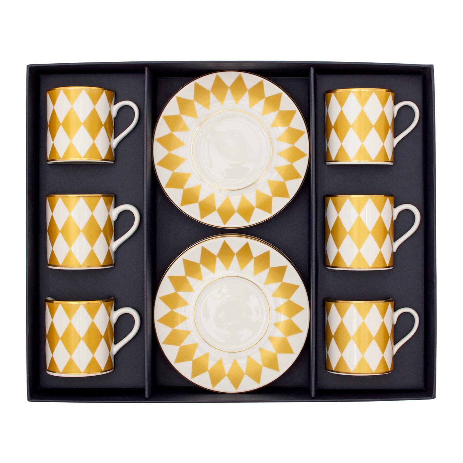 Halcyon Days Parterre Gold - Fine Bone China Coffee Cup & Saucer Box Set of 6