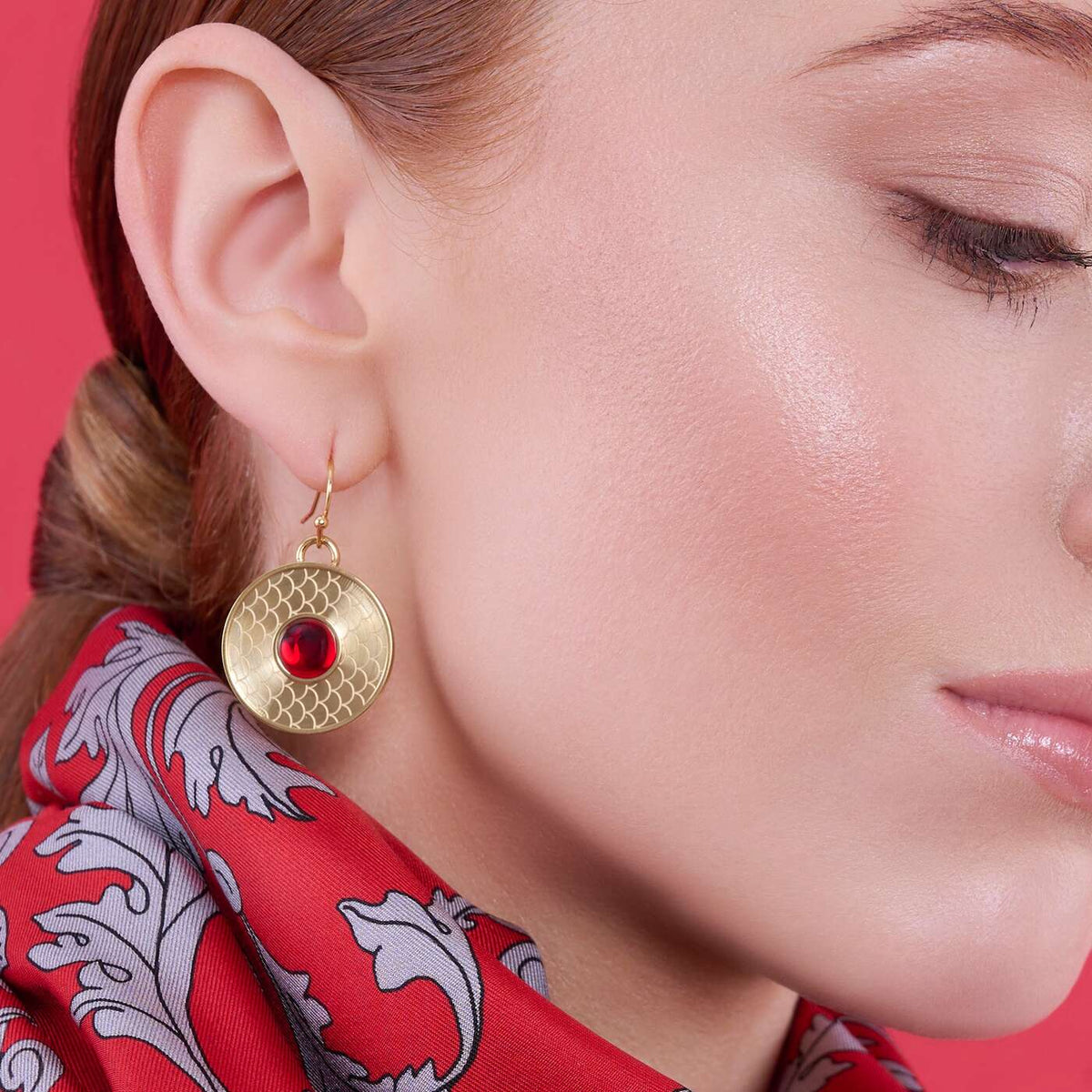 Halcyon Days Salamander Cabochon Earrings in Ruby & Gold, alternate view