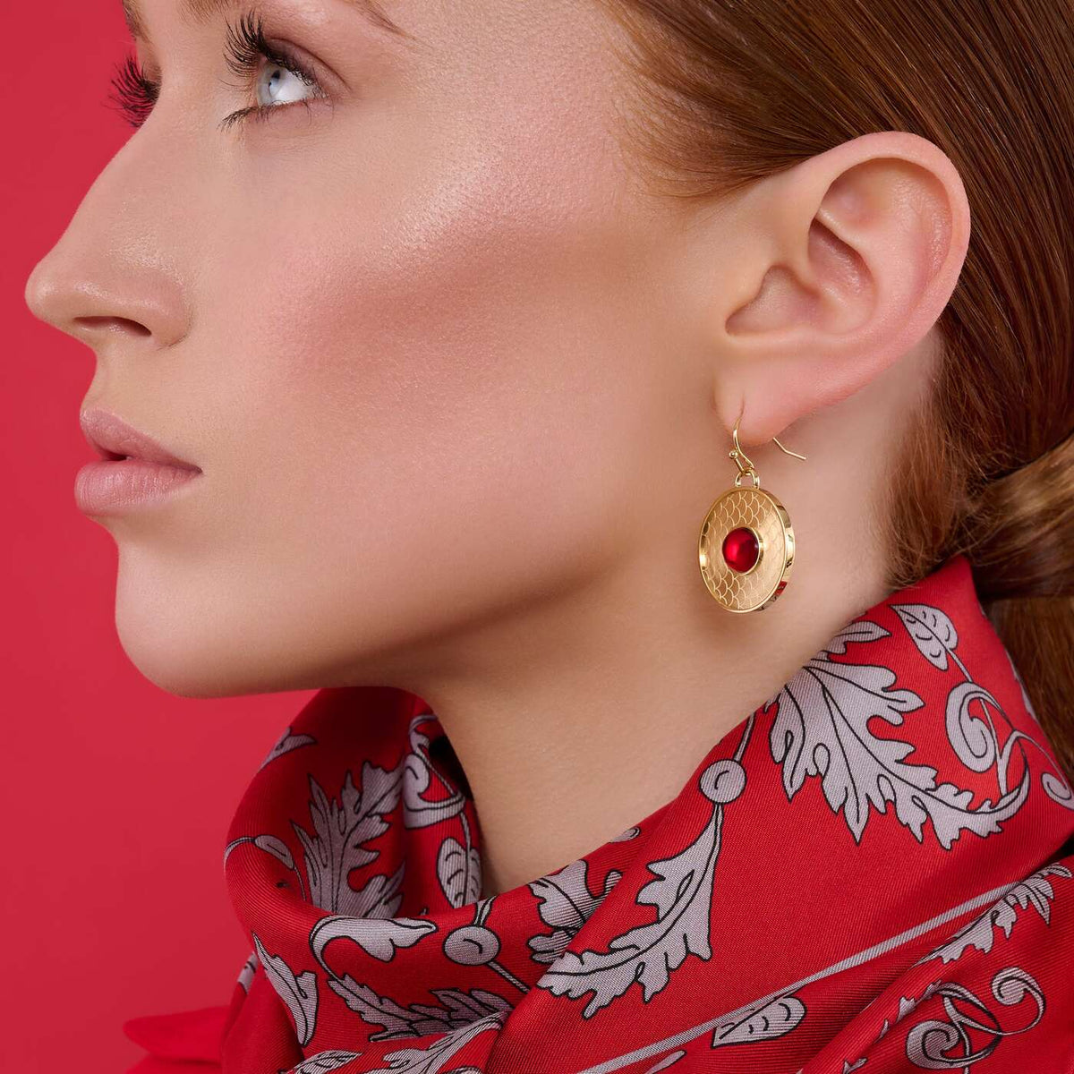 Halcyon Days Salamander Cabochon Earrings in Ruby & Gold, alternate view