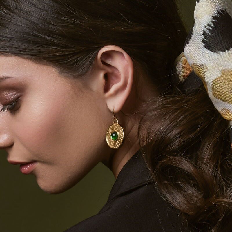 Halcyon Days Salamander Cabochon Emerald & Gold Earrings, alternate view
