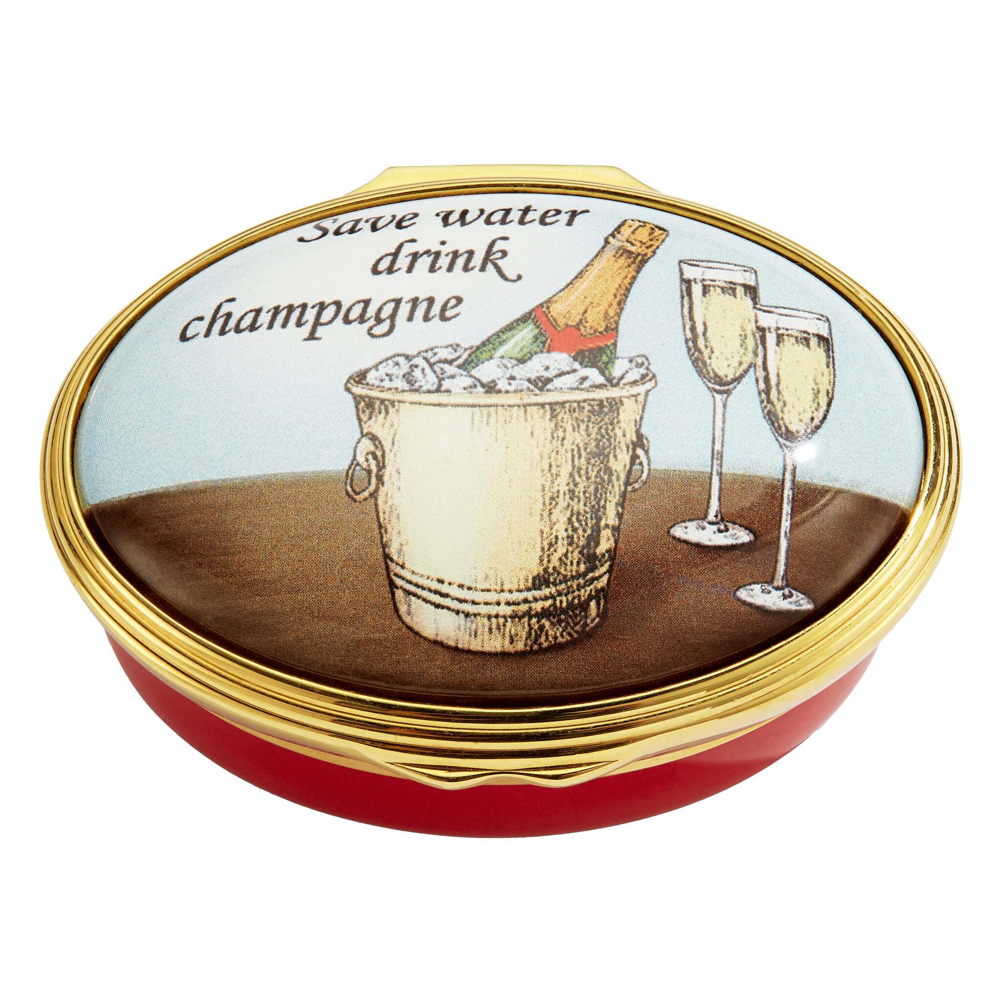 Halcyon Days "Save Water, Drink Champagne" Enamel Box