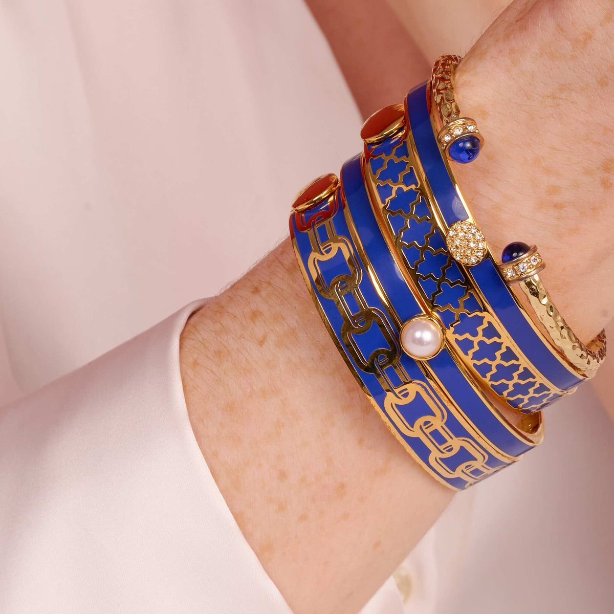 Halcyon Days Skinny Pave Button Cobalt & Gold Bangle Women's Fine Bangle Bracelet, detail view