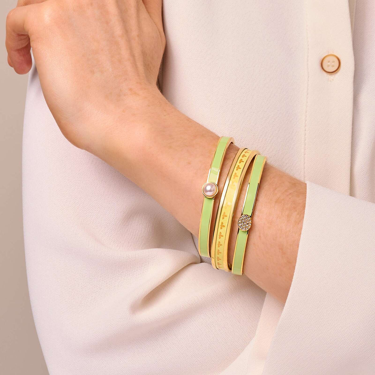 Halcyon Days Skinny Pave Button Meadow & Gold Bangle Women's Fine Bangle Bracelet, alternate view
