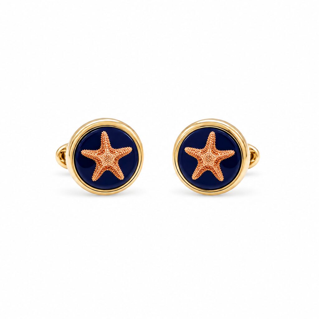 Halcyon Days Starfish Round Cufflinks Navy Gold