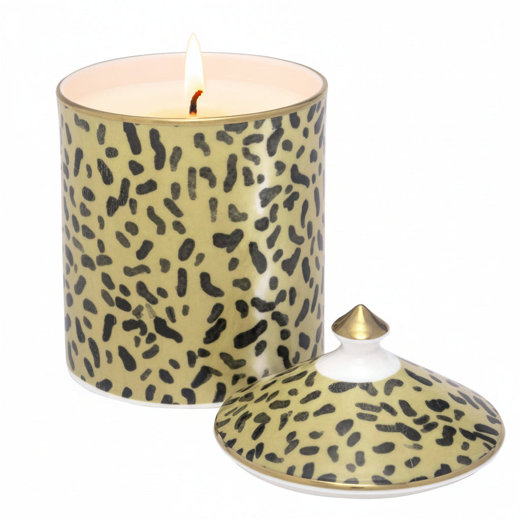 Halcyon Days Tug Rice Leopard Print - Fine Bone China Lidded Candle – Sandalwood & Vetiver