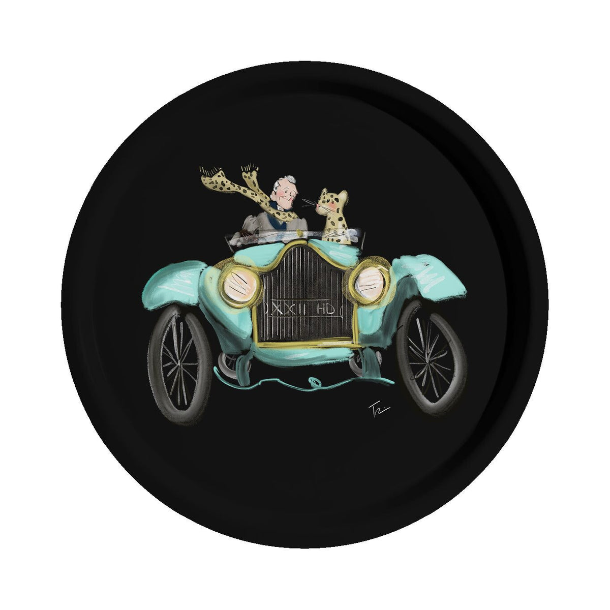 Halcyon Days Tug Rice "Roaring and Exploring" - Round Birchwood Tray, alternate view