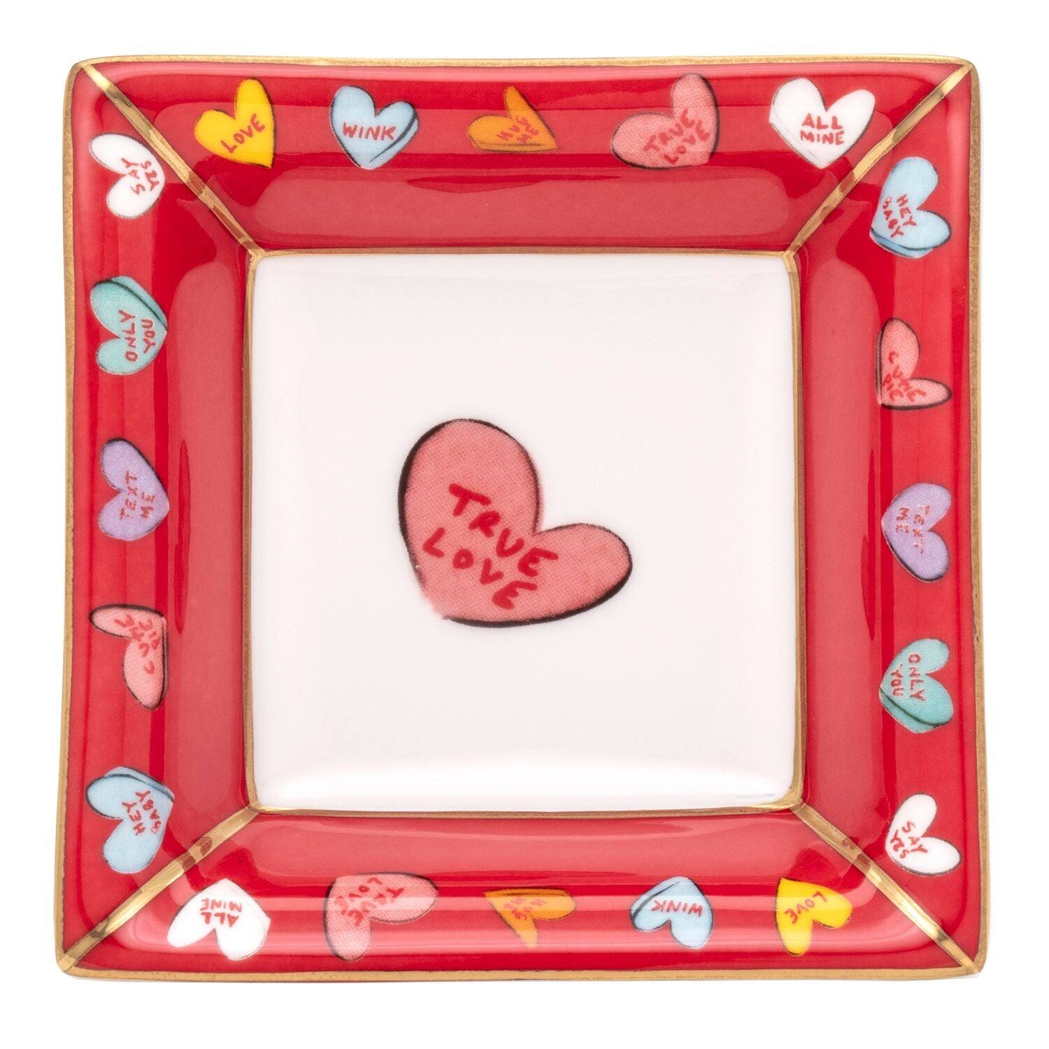 Halcyon Days Tug Rice "True Love" - Fine Bone China Square Trinket Tray in Red