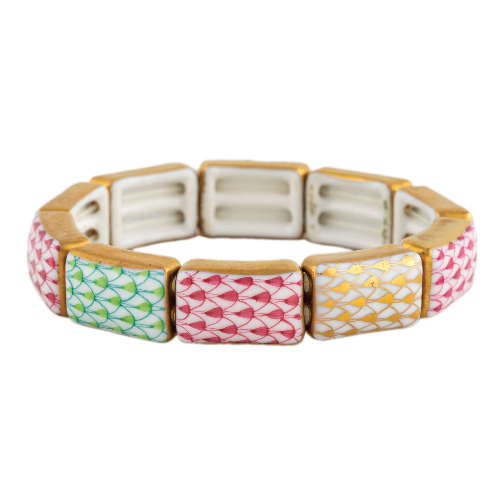 Herend 10 Link Bracelet porcelain figurine painted in the Key Lime-Pink-Gold fishnet pattern