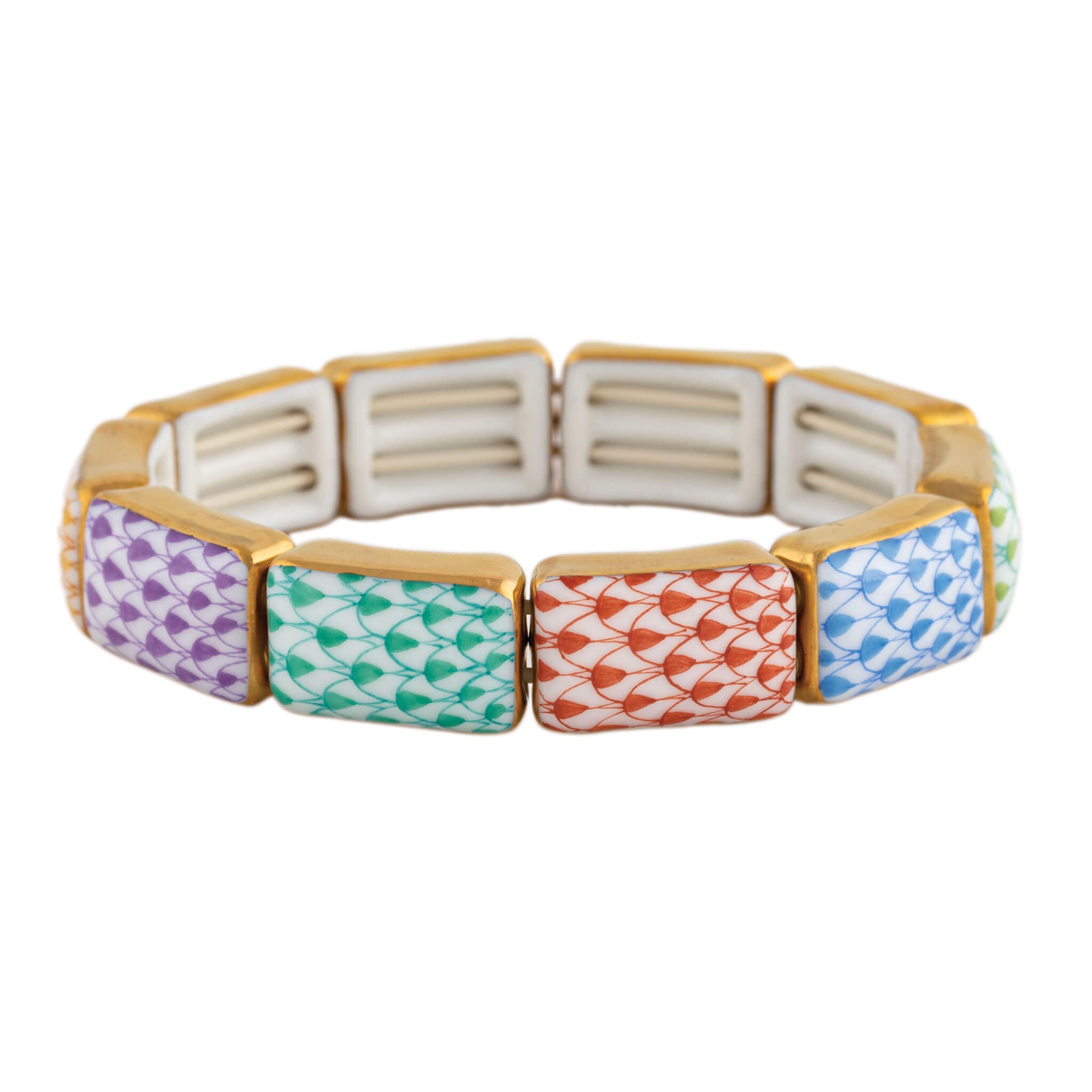 Hand-painted Herend 10 Link Bracelet in Multicolor fishnet porcelain on a white background