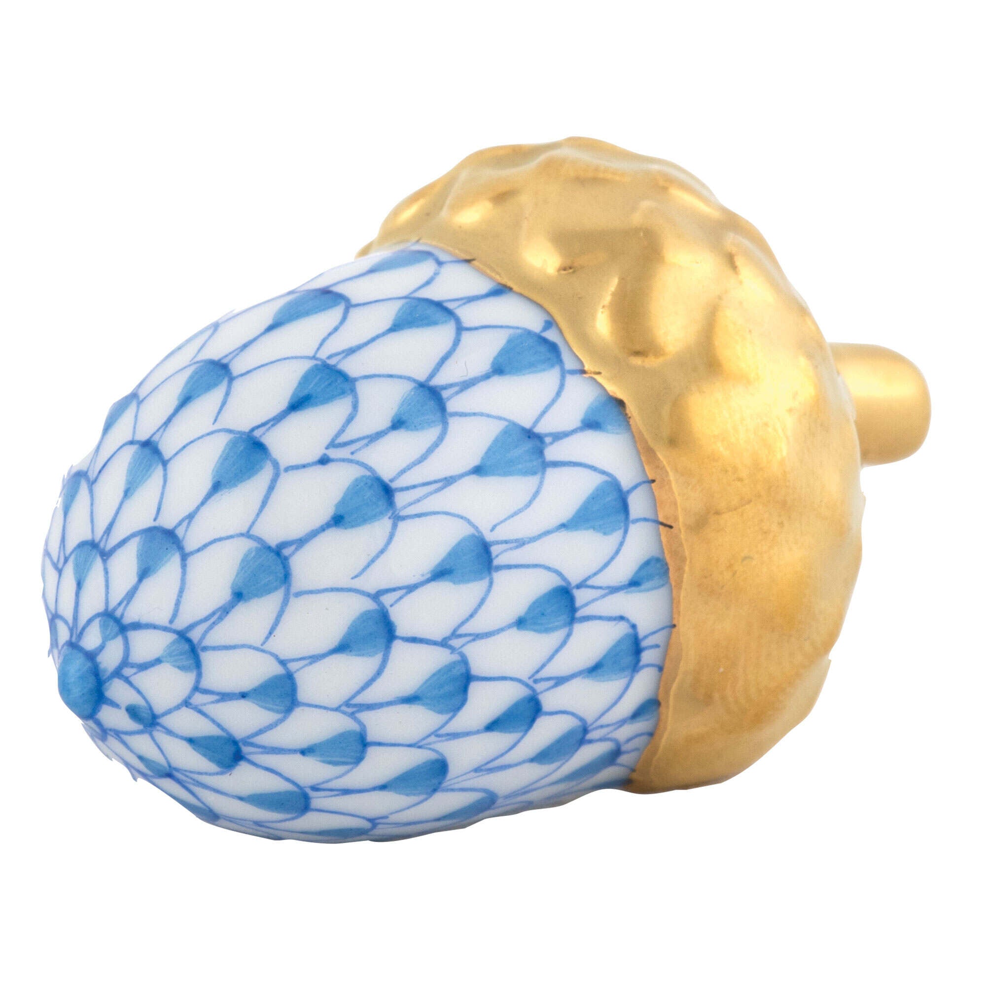 Hand-painted Herend Acorn Figurine in Blue fishnet porcelain on a white background