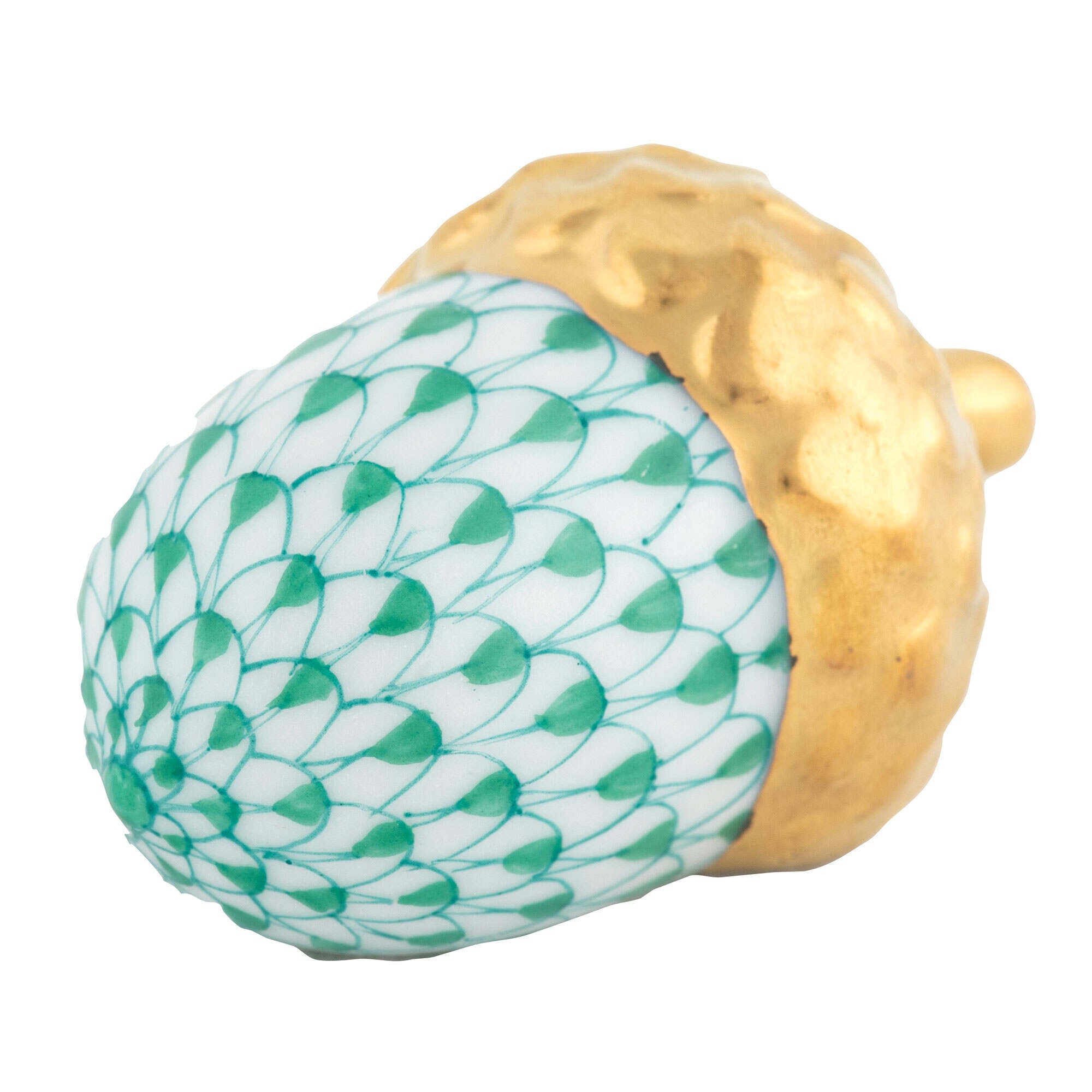 Hand-painted Herend Acorn Figurine in Green fishnet porcelain on a white background