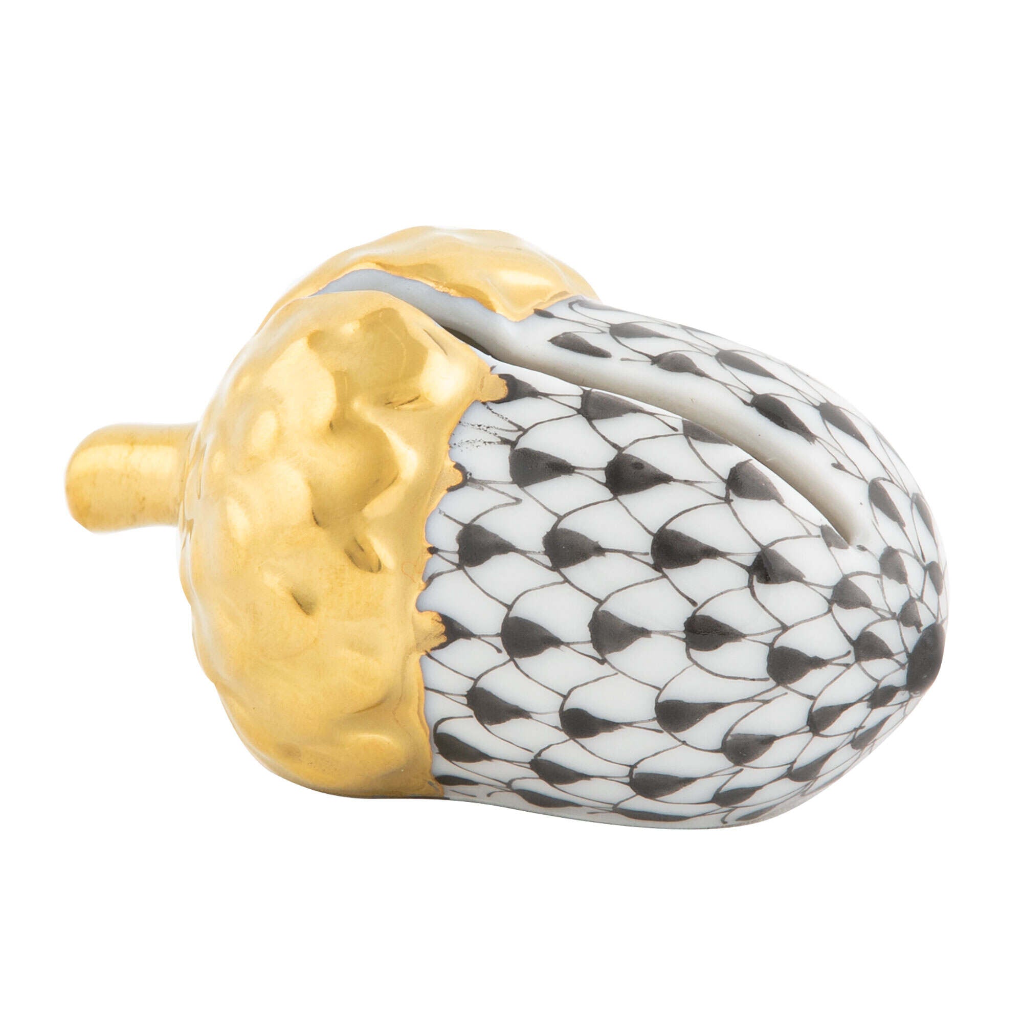 Hand-painted Herend Acorn Place Card Holder in Black fishnet porcelain on a white background
