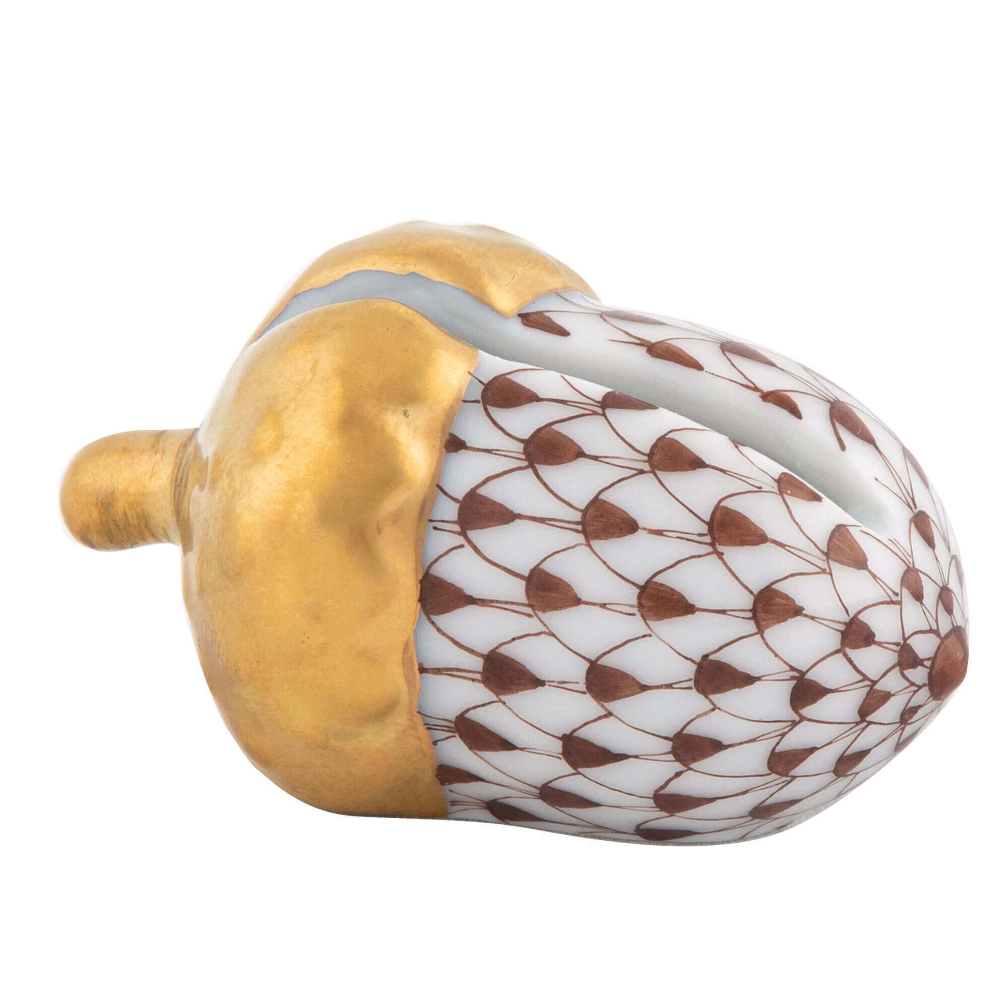 Chocolate fishnet Acorn Place Card Holder figurine, hand-painted Herend porcelain with 24k gold accents