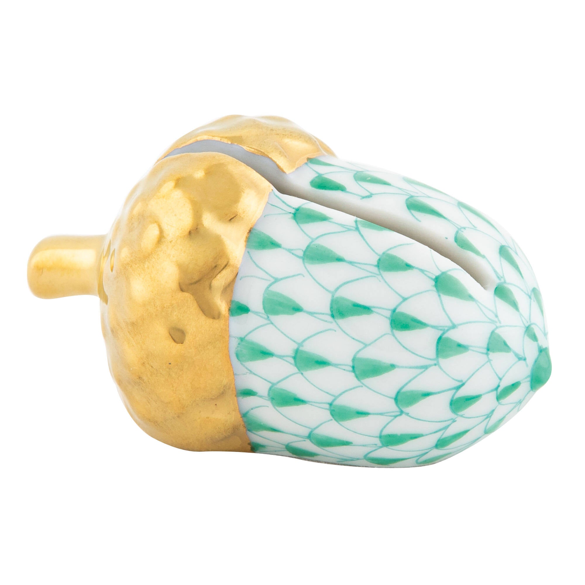 Hand-painted Herend Acorn Place Card Holder in Green fishnet porcelain on a white background