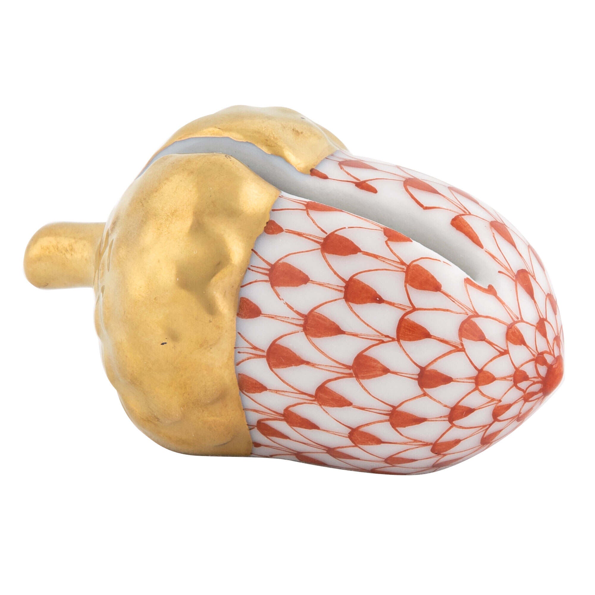 Rust fishnet Acorn Place Card Holder figurine, hand-painted Herend porcelain with 24k gold accents