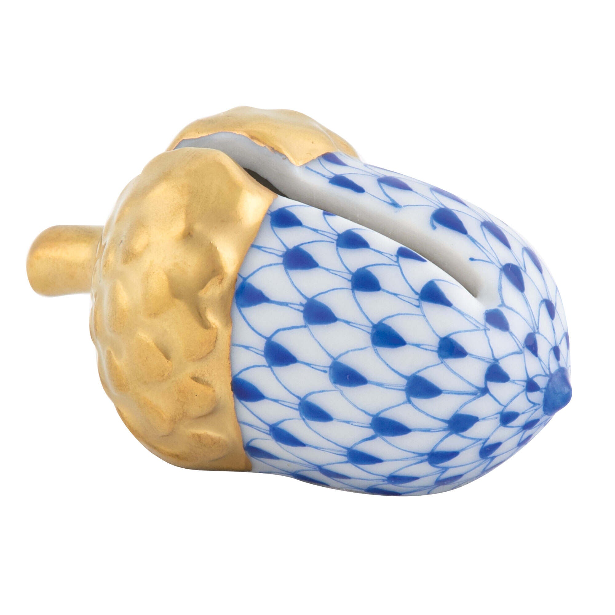 Sapphire fishnet Acorn Place Card Holder figurine, hand-painted Herend porcelain with 24k gold accents