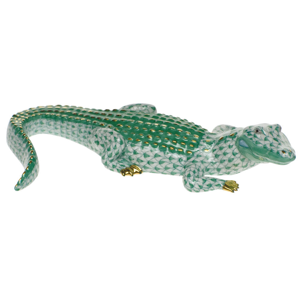 Hand-painted Herend Alligator Figurine in fine porcelain, 8.5in L, on a white background