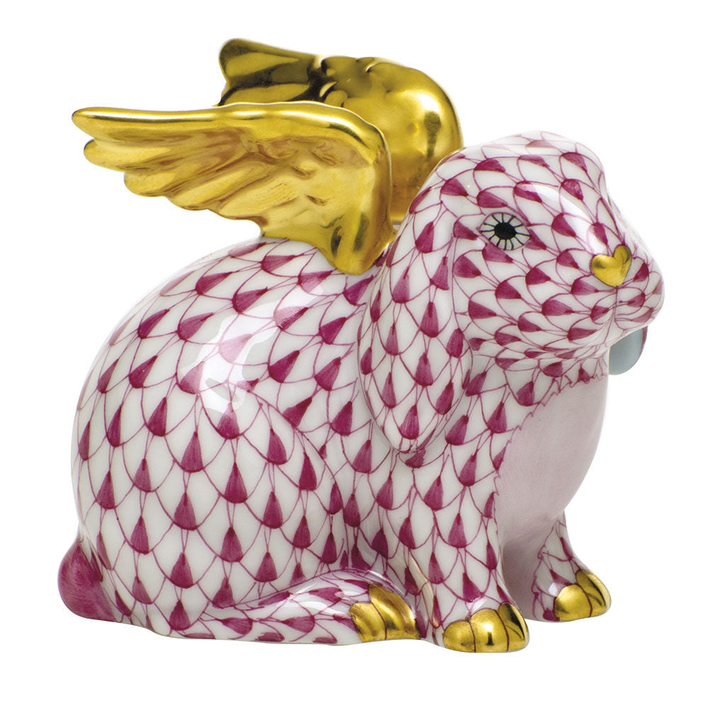 Hand-painted Herend Angel Bunny Figurine in Raspberry fishnet porcelain on a white background