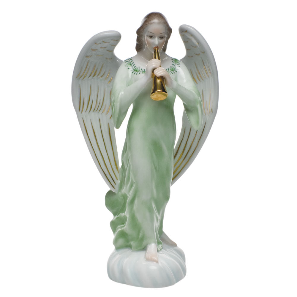 Hand-painted Herend Angel with Horn Figurine in fine porcelain, 2.75in L X 7.5in H, on a white background