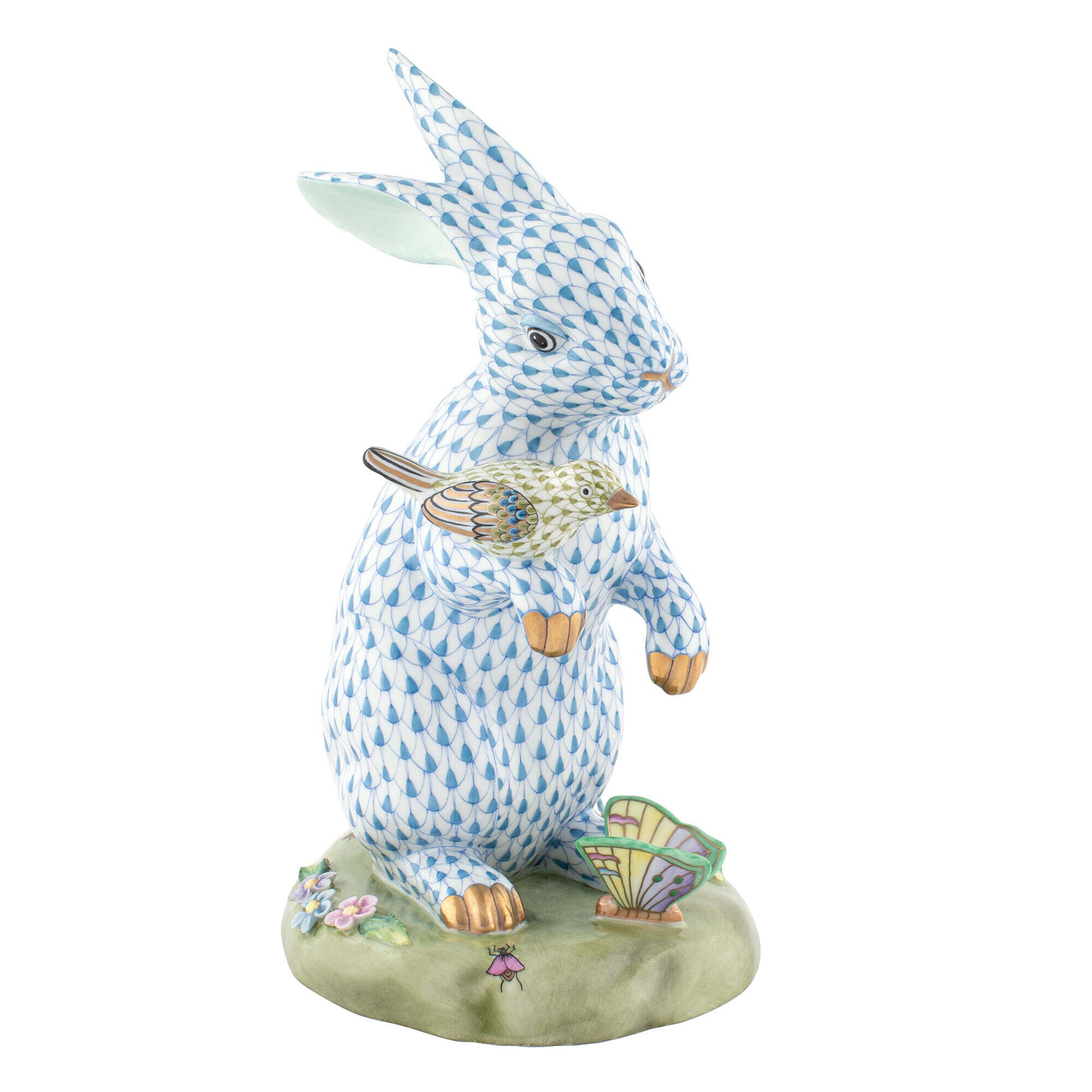 Hand-painted Herend Anniversary Bunny Figurine in fine porcelain, 5.75in L X 5in W X 9.5in H, on a white background
