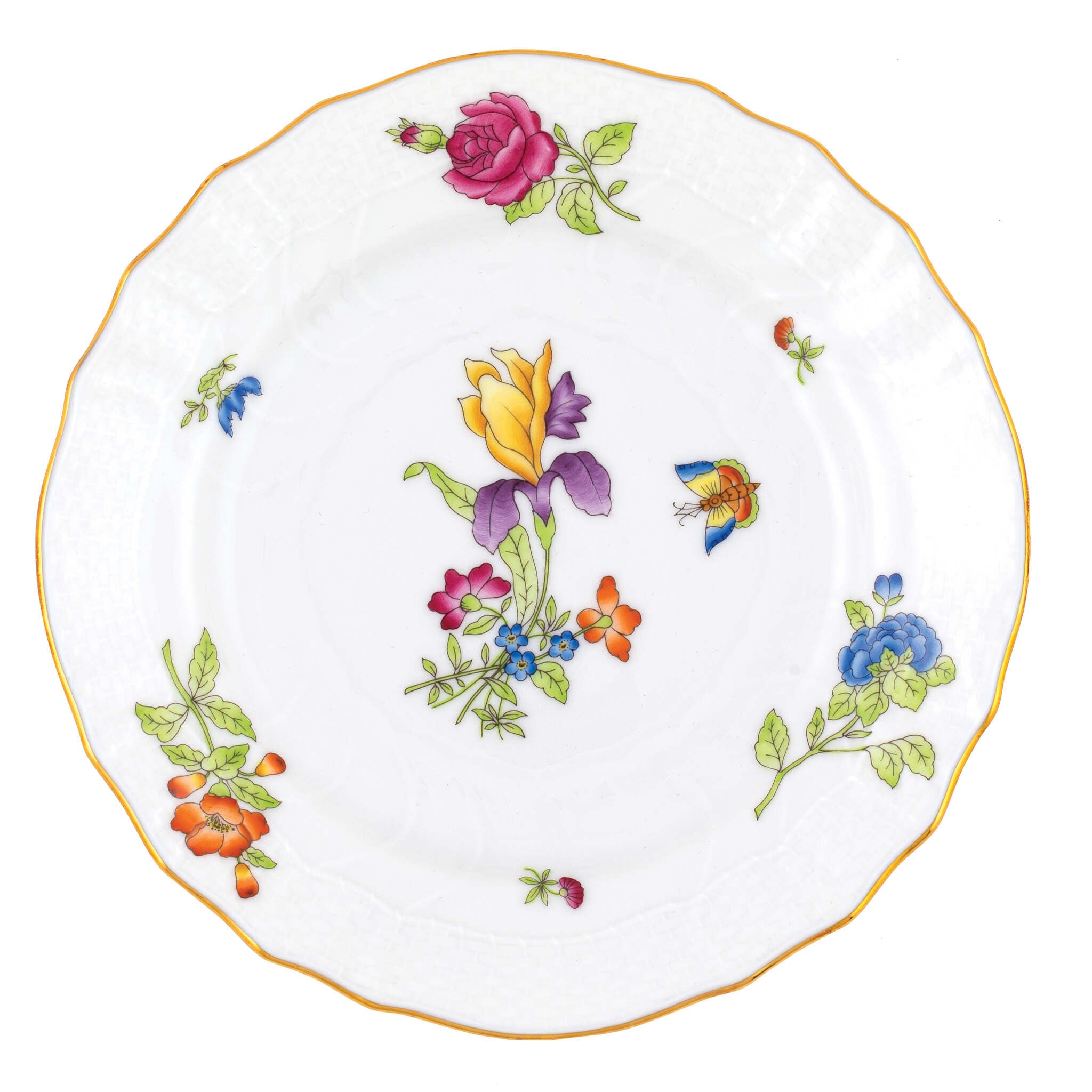 Hand-painted Herend Antique Iris Bread and Butter Plate in fine porcelain, 6in D,, Motif 1, on a white background
