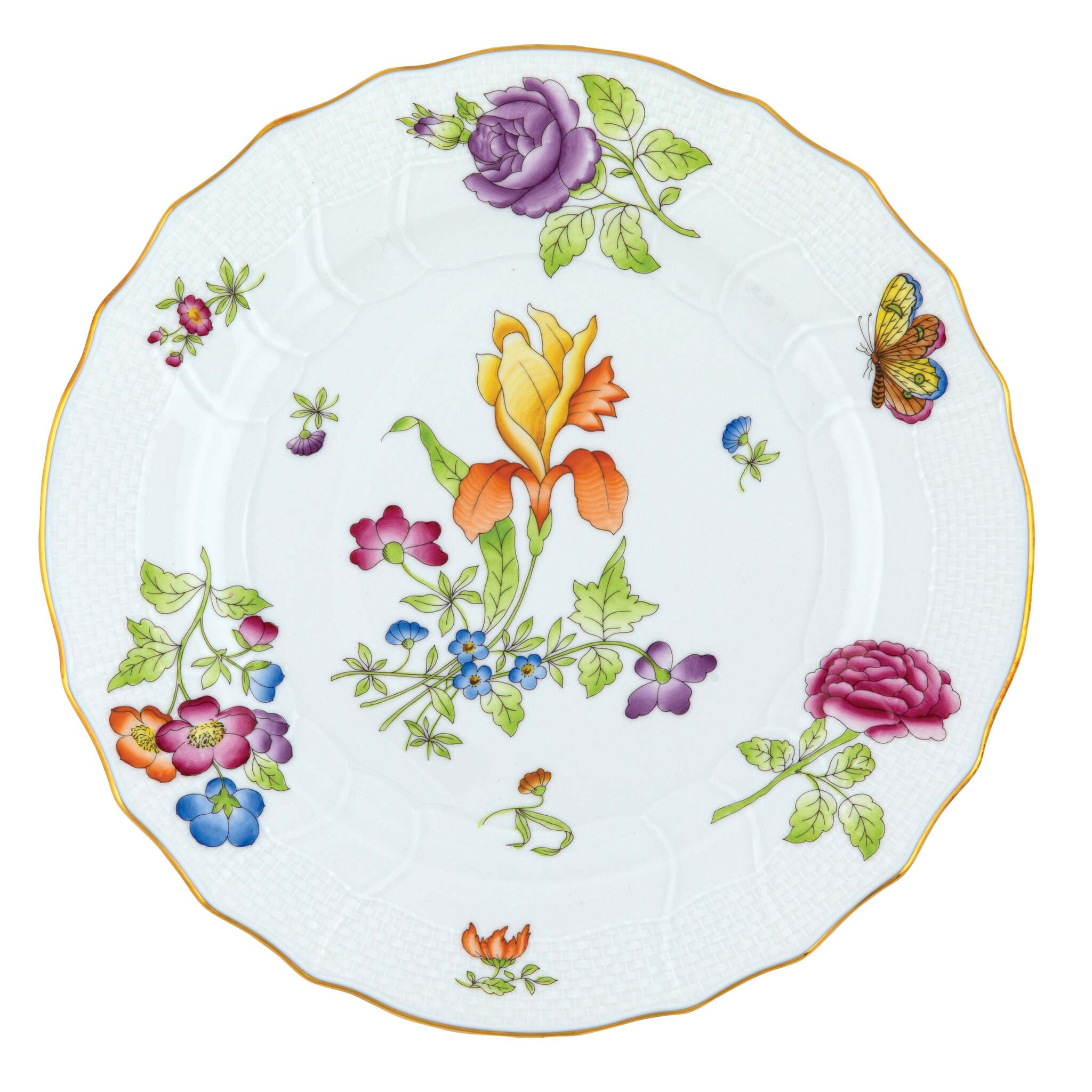 Hand-painted Herend Antique Iris Dinner Plate in fine porcelain, 10.5in D,, Motif 4, on a white background