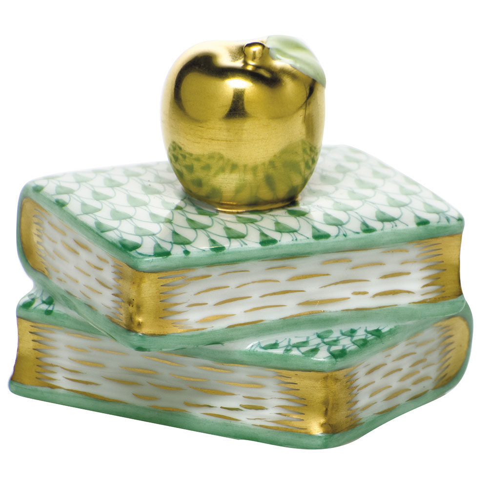 Apple on Books Figurine in hand-painted Green porcelain by Herend of Hungary