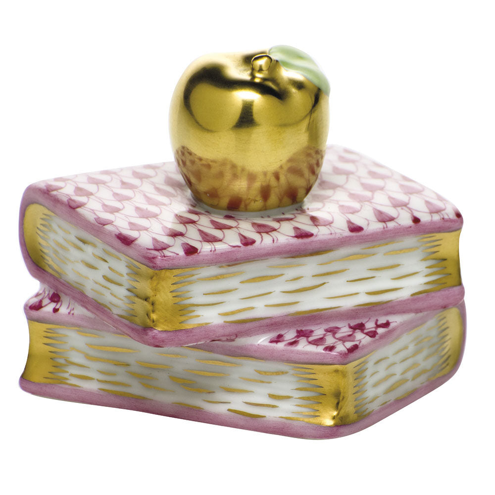 Herend Apple on Books Figurine porcelain figurine painted in the Raspberry fishnet pattern