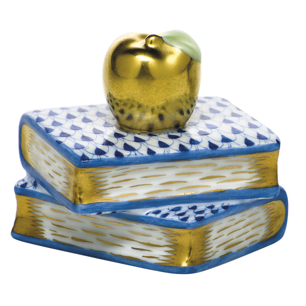 Sapphire fishnet Apple on Books Figurine figurine, hand-painted Herend porcelain with 24k gold accents