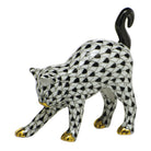 Hand-painted Herend Arched Cat Figurine in Black fishnet porcelain on a white background