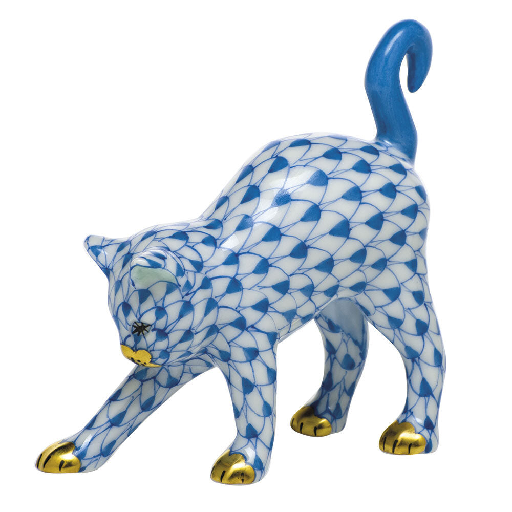 Herend Arched Cat Figurine porcelain figurine painted in the Blue fishnet pattern