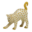 Hand-painted Herend Arched Cat Figurine in Butterscotch fishnet porcelain on a white background