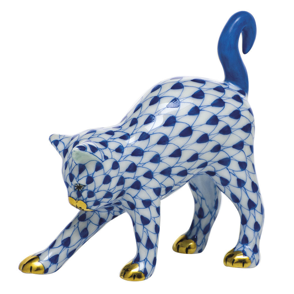 Sapphire fishnet Arched Cat Figurine figurine, hand-painted Herend porcelain with 24k gold accents