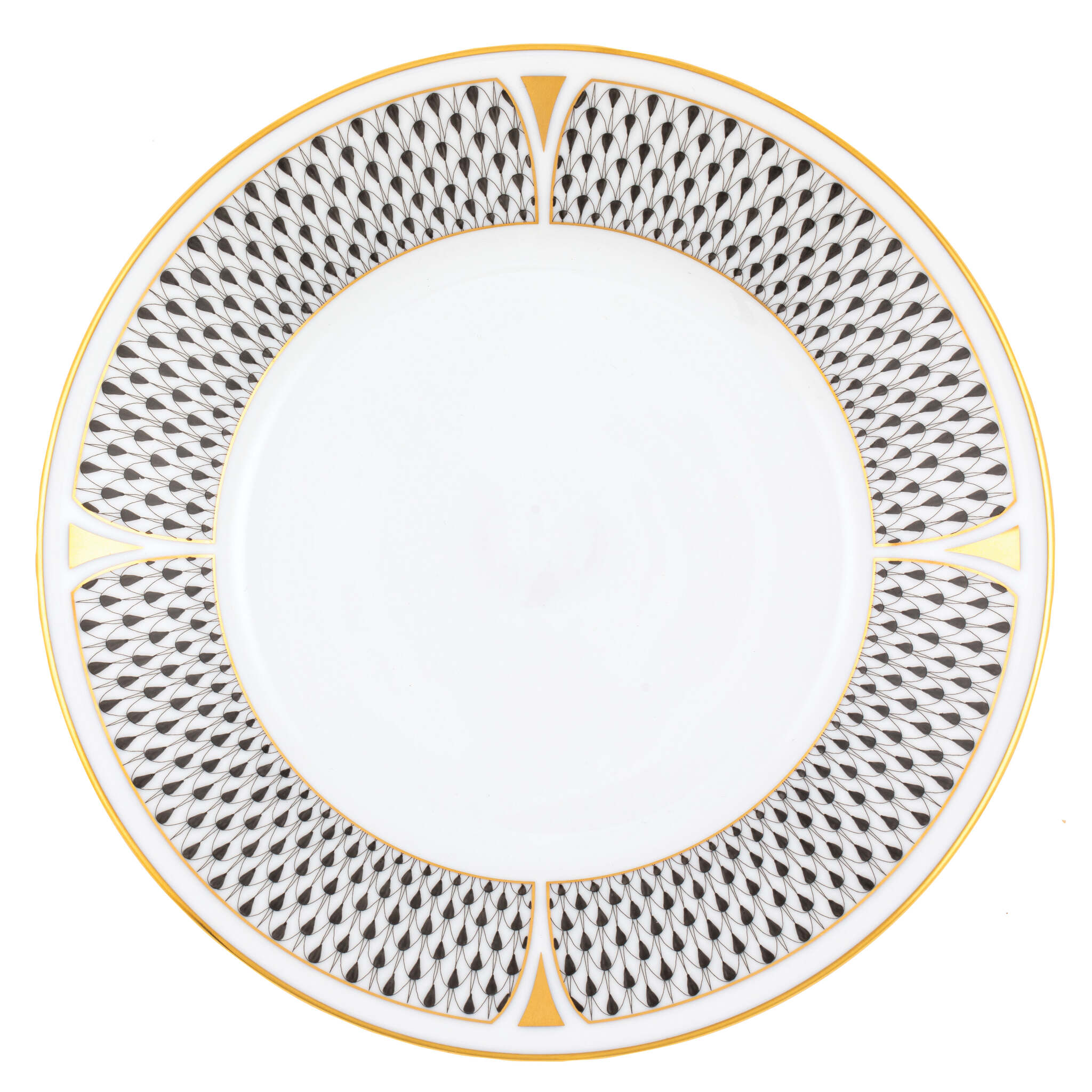 Hand-painted Herend Art Deco Black Dessert Plate in fine porcelain, 8in D, on a white background