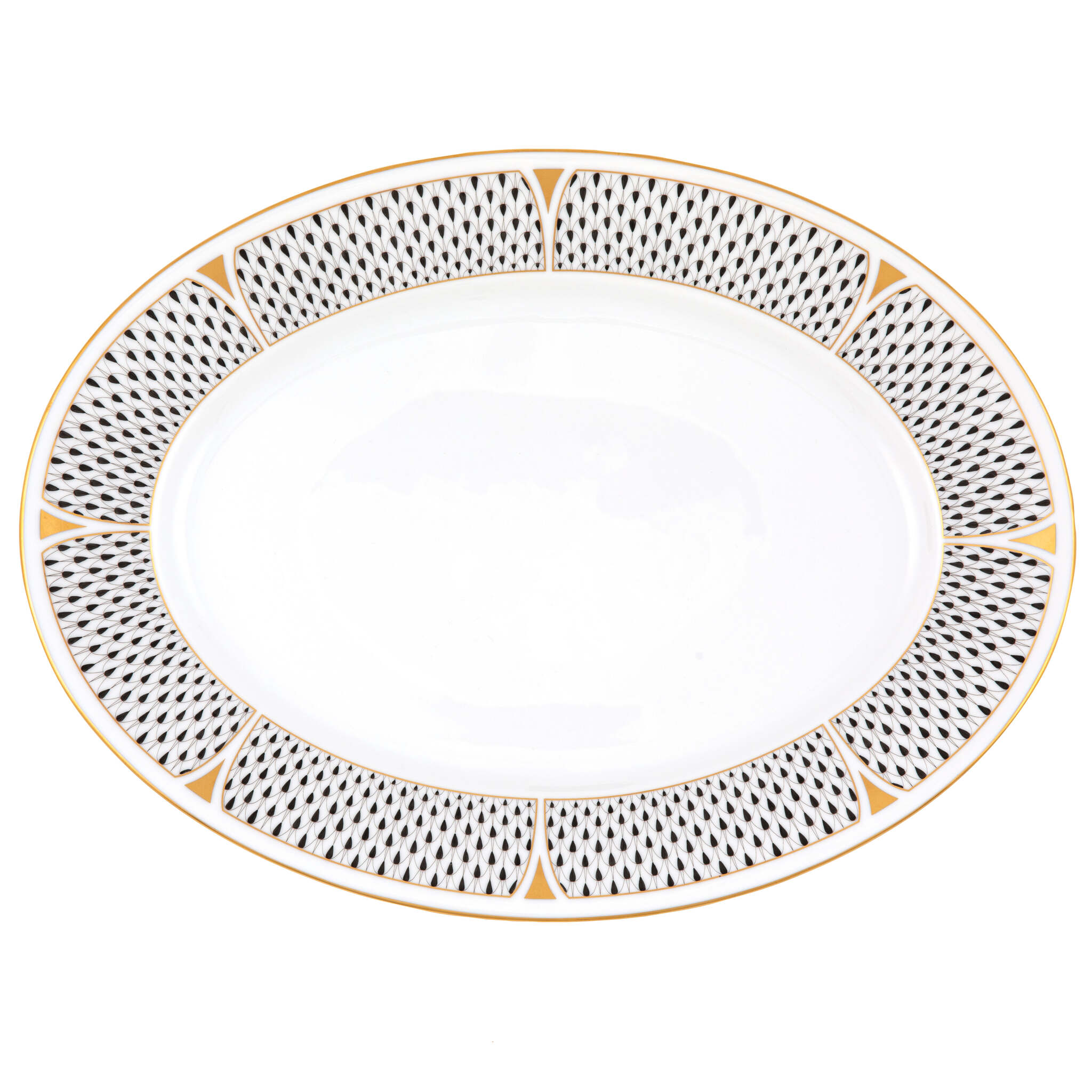 Hand-painted Herend Art Deco Black Oval Platter in fine porcelain, 15in L X 11in W, on a white background