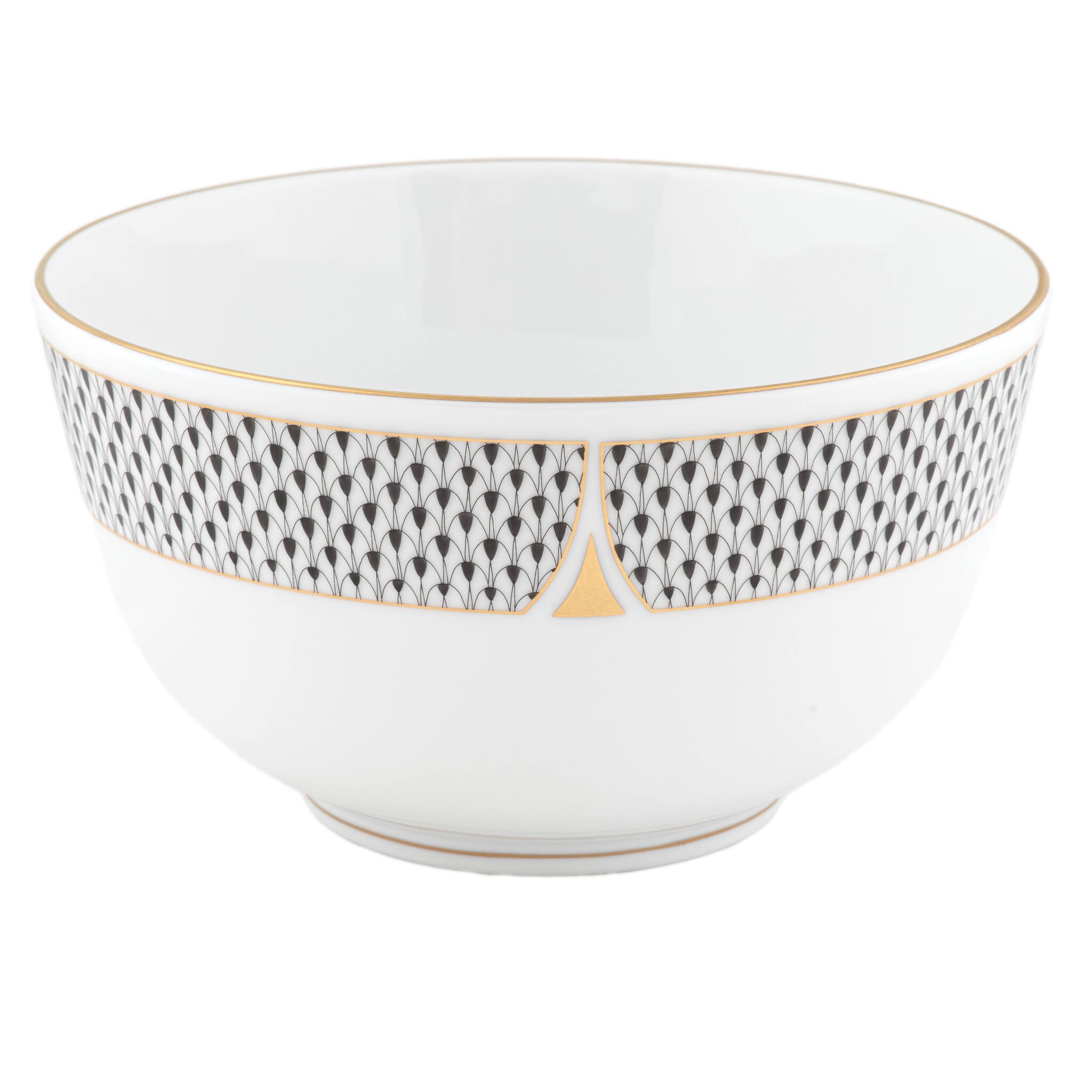 Hand-painted Herend Art Deco Black Round Bowl in fine porcelain, 4in H X 7.5in D, on a white background