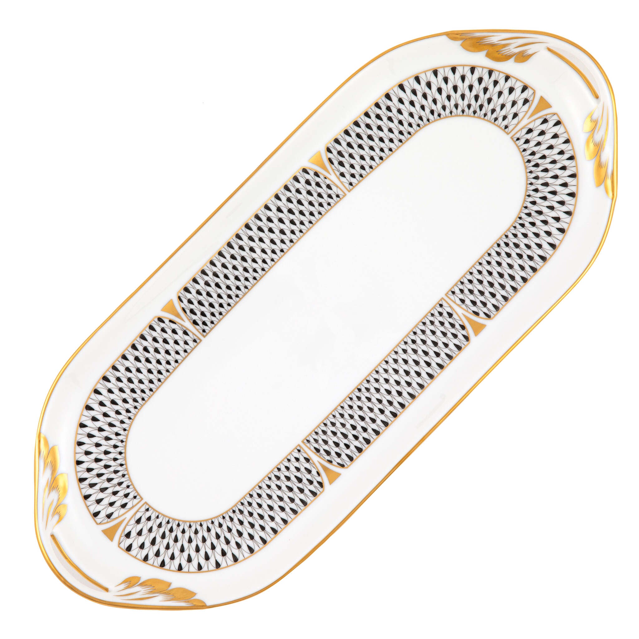 Hand-painted Herend Art Deco Black Sandwich Tray in fine porcelain, 14.25in L X 6in W, on a white background