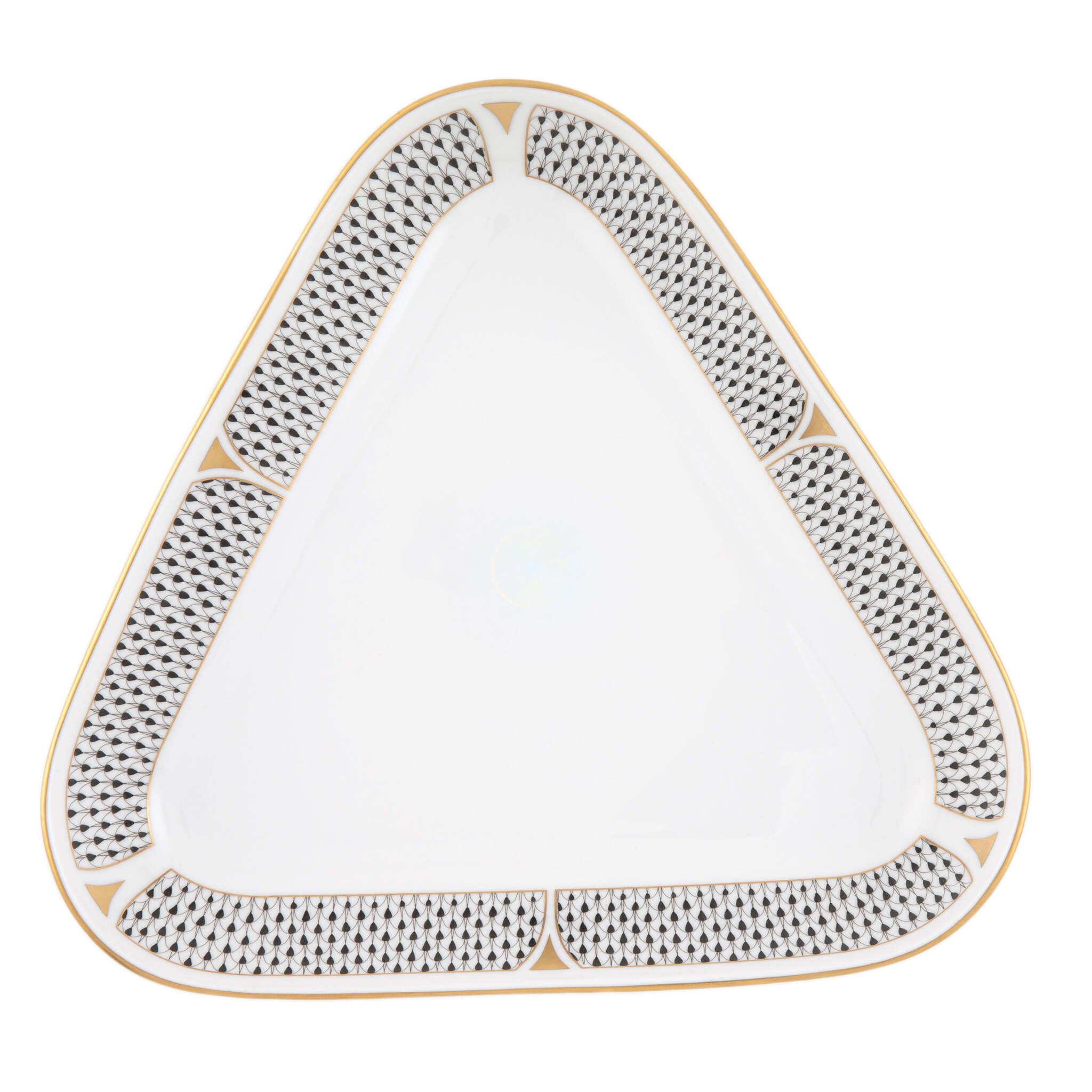 Hand-painted Herend Art Deco Black Triangle Dish in fine porcelain, 11in L X 10.25in W, on a white background