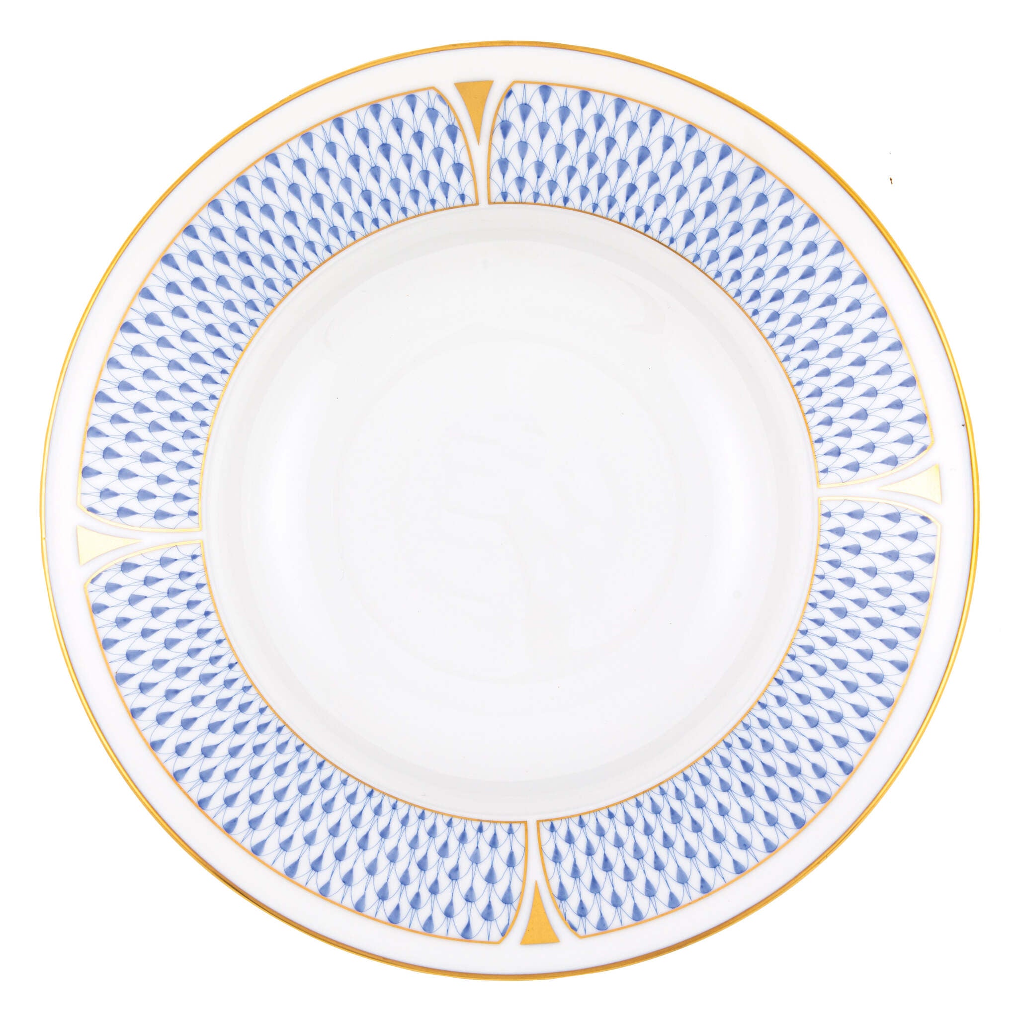 Hand-painted Herend Art Deco Blue Rim Soup Soup Plates & Rimmed Soup Bowl in fine porcelain, 8.5in D, on a white background