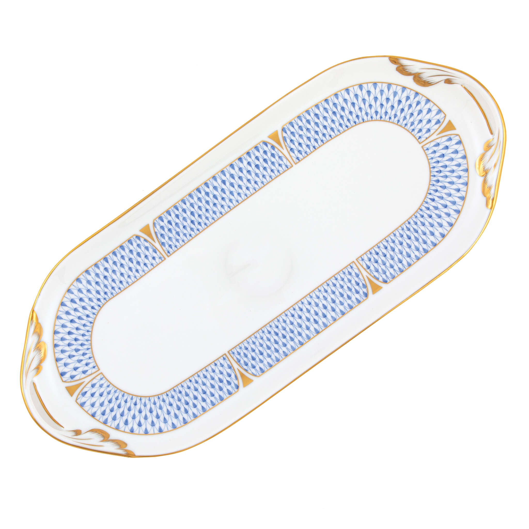 Hand-painted Herend Art Deco Blue Sandwich Tray in fine porcelain, 14.25in L X 6in W, on a white background