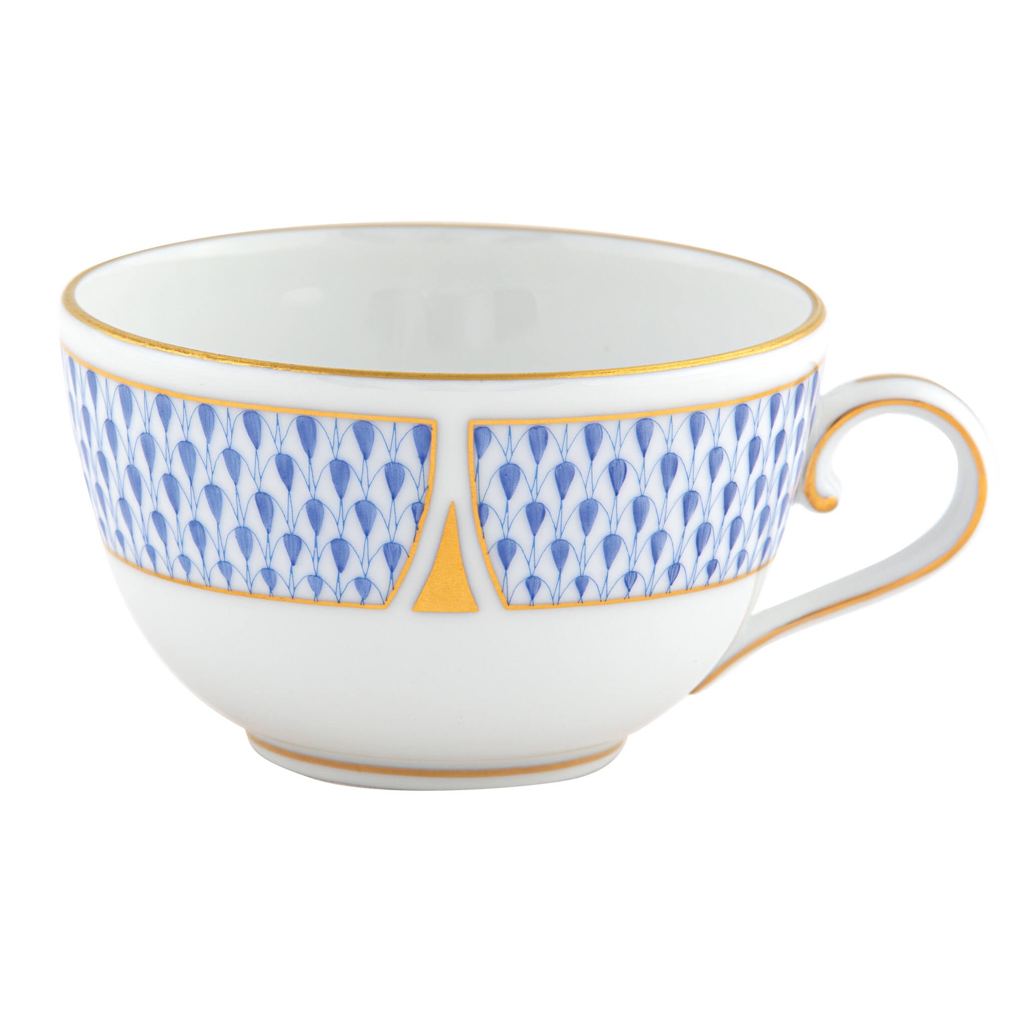 Hand-painted Herend Art Deco Blue Tea Cup Cup & Saucer Set in fine porcelain, on a white background