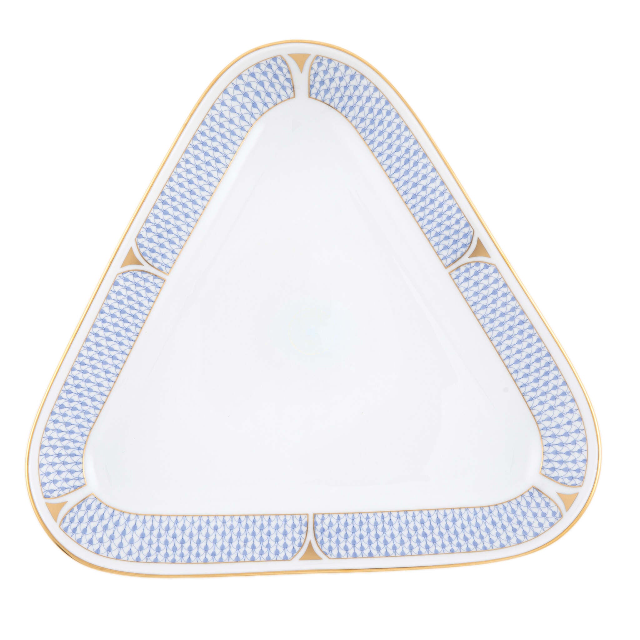 Hand-painted Herend Art Deco Blue Triangle Dish in fine porcelain, 11in L X 10.25in W, on a white background